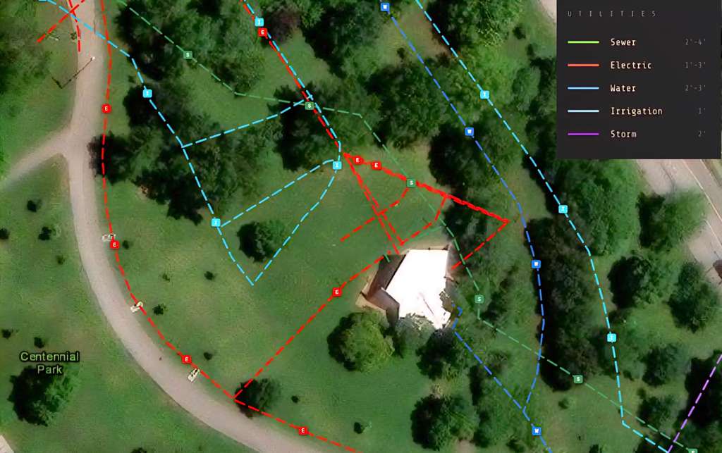 Ground Radar Techs utility mapping deliverable at Centennial Park, Nashville — color-coded trace of sewer, electric, water, irrigation, and storm utilities overlaid on aerial imagery